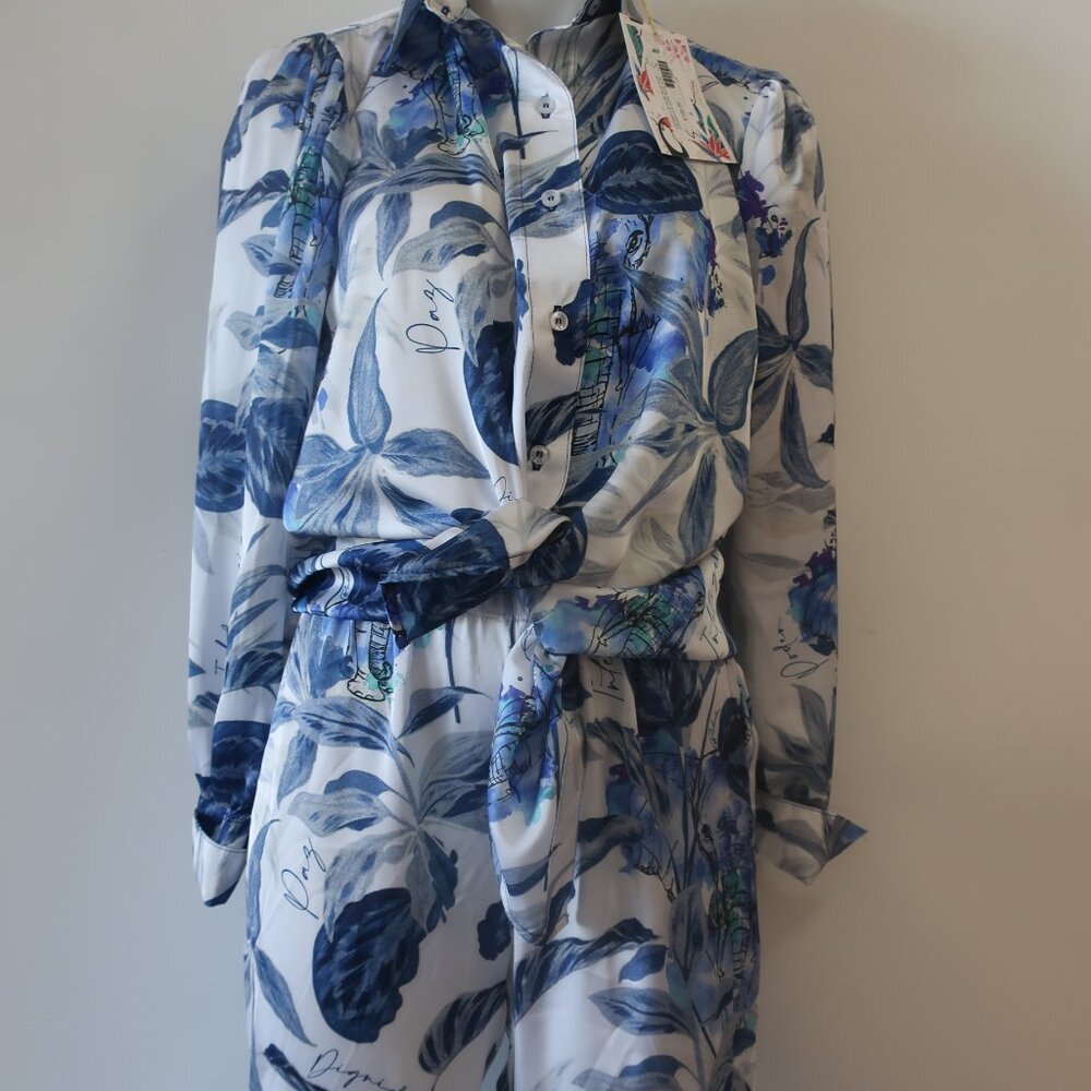 NWT Womens Bululu Espanola Blue Blouse, Aruba Elephant Satin Pants M Set - Picture 6 of 13